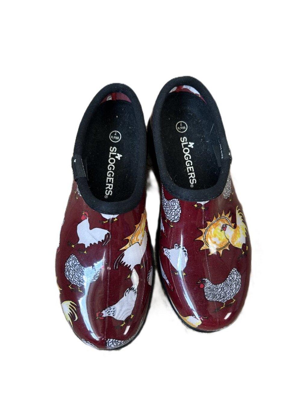 Sloggers Burgundy Good Morning Chickens Garden Clogs 7